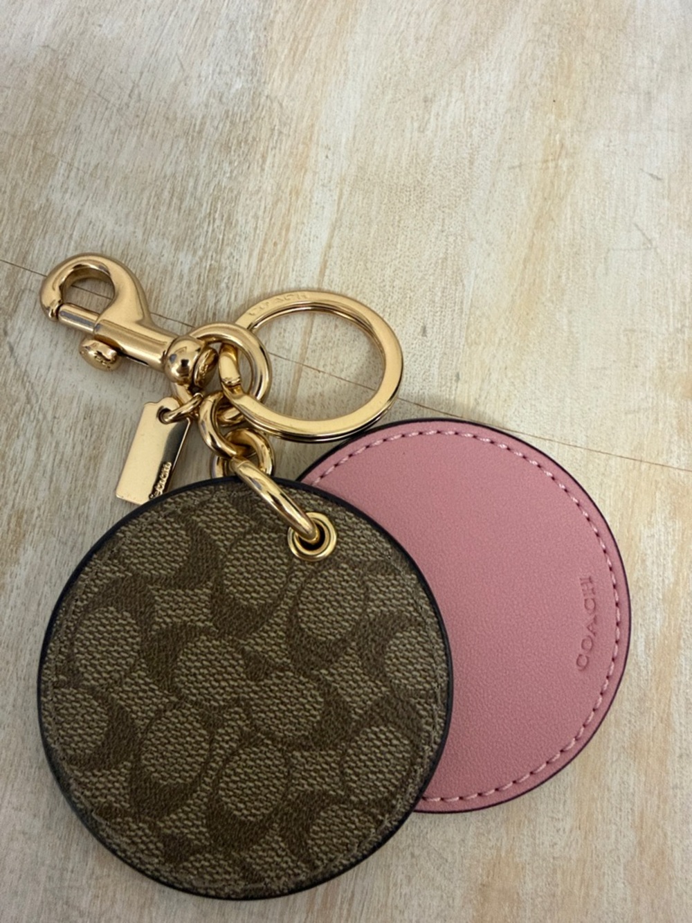 Coach Brown Signature Canvas & Pink Leather Round Keyring Mirror - Picture 2 of 5